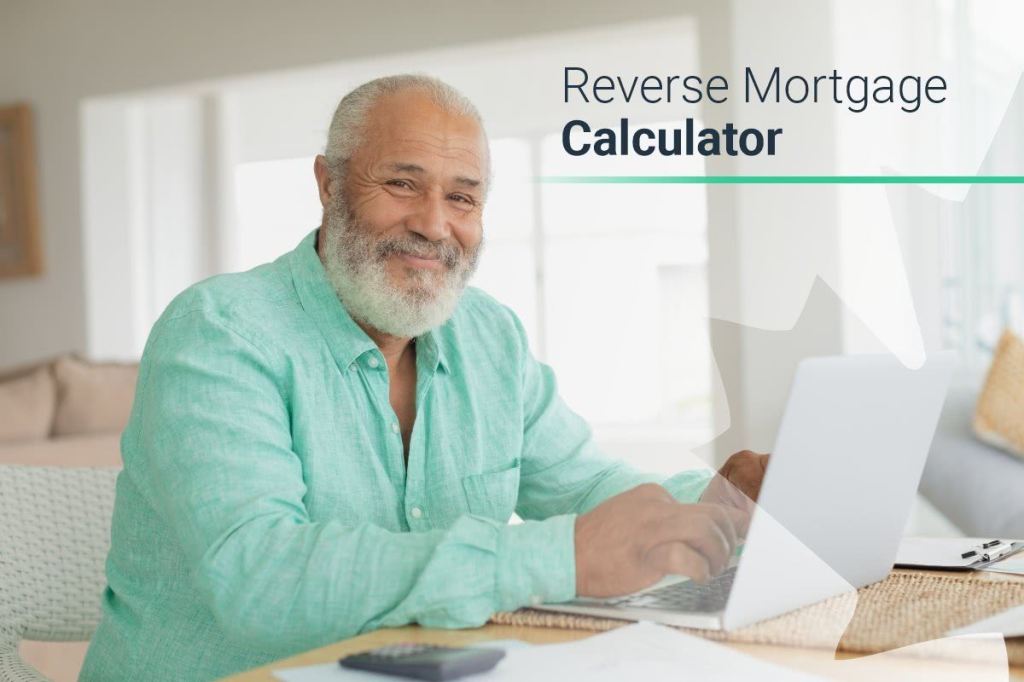 Reverse Mortgage Calculator - Smiling man infront of computer and Calculator